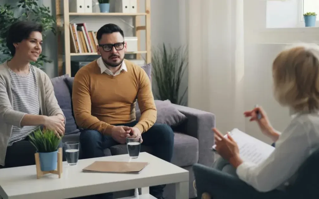 A man and woman sitting on a sofa listening to a counsellor